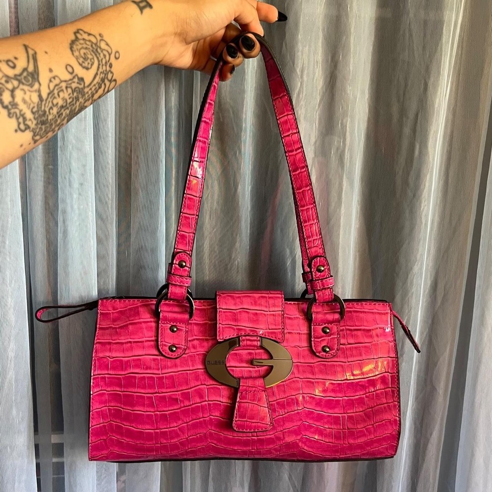 GUESS Hot Pink Croc Shoulder Bag